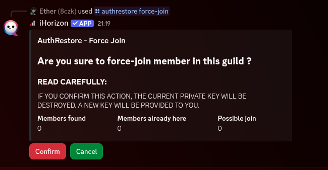 Output of the /authrestore force-join command