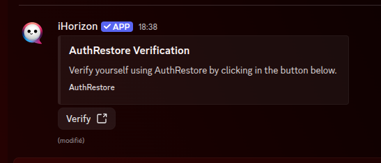 Example of an AuthRestore verification Embed