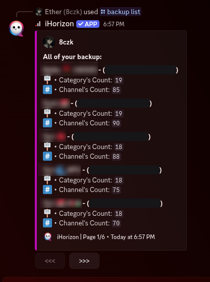 Output of the /backup list command