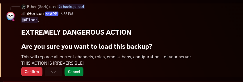 Output of the /backup load command
