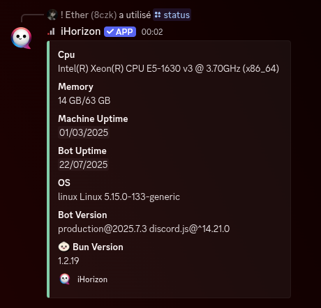 Embed sent by the bot for the /status command
