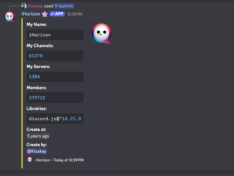 Embed of the /botinfo command showing the bot's various statistics
