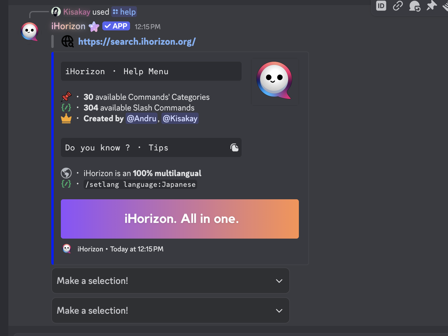 Homepage of the /help command