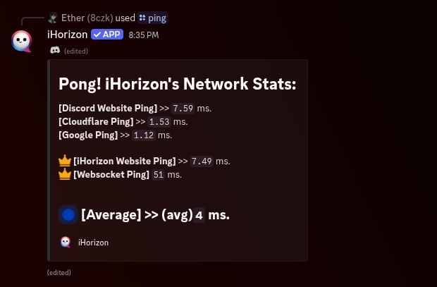 Embed of the /ping command