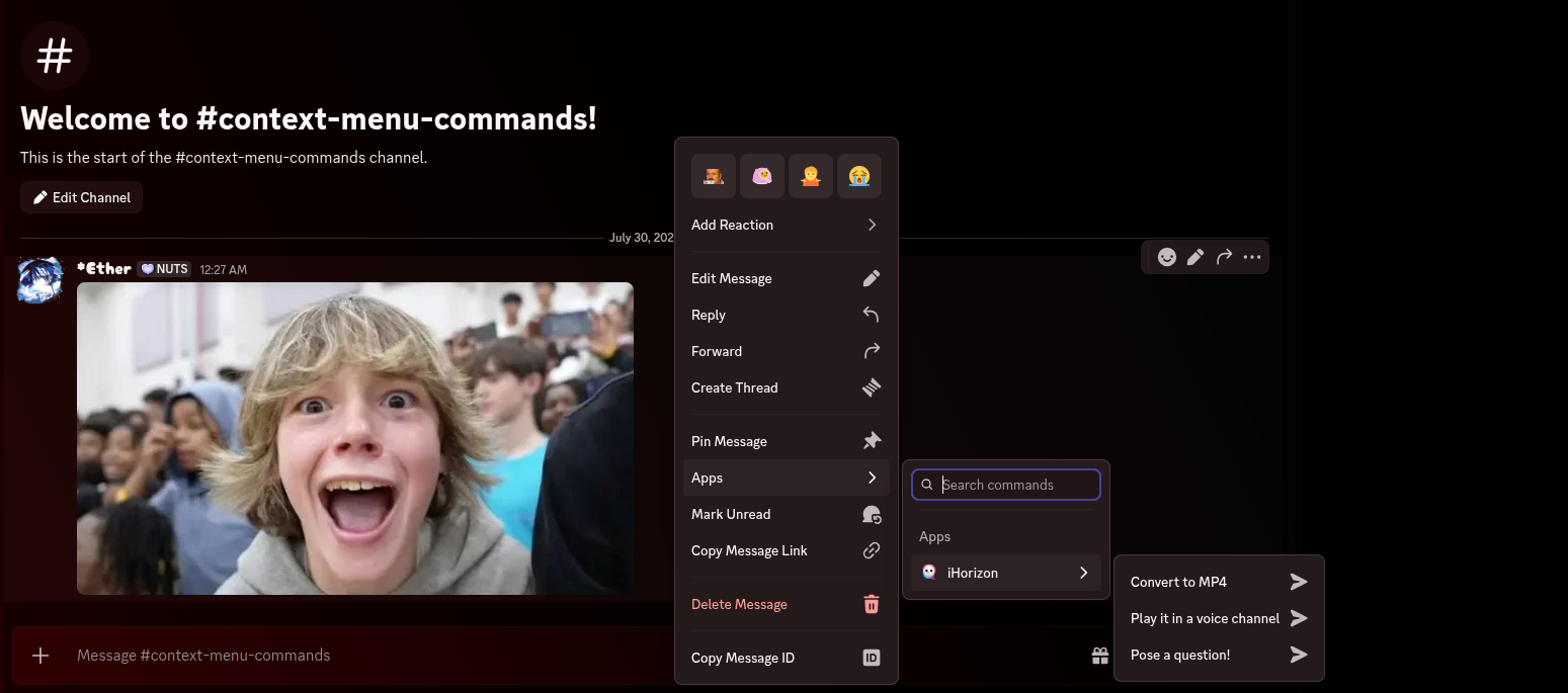 Right-clicking a message opens the Apps submenu with iHorizon's message commands.