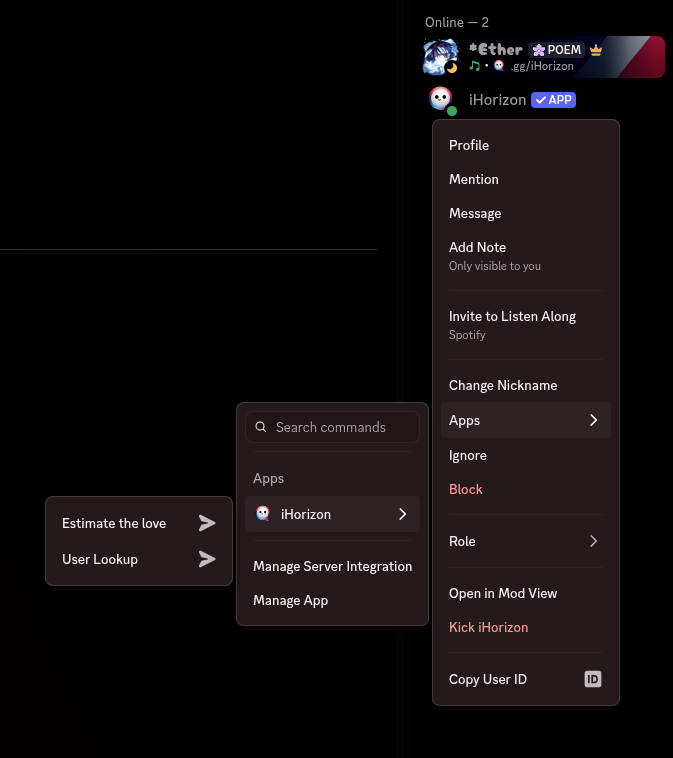 Right-clicking a user opens the Apps submenu with iHorizon's user commands.