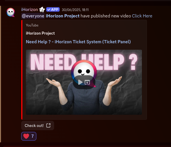 Example of a YouTube video sent in a channel via iHorizon Notifier
