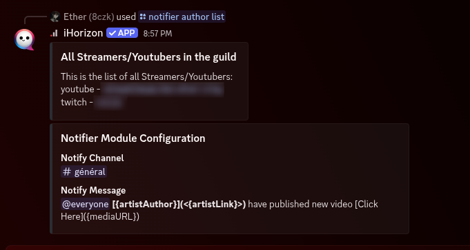 Output of the /notifier author list command