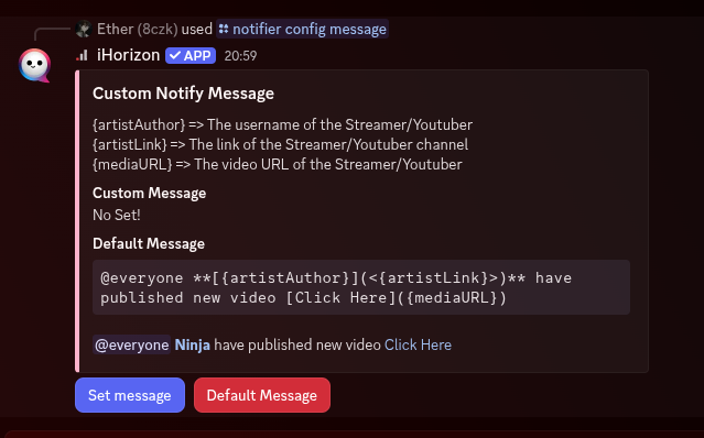 Message configuration with the /notifier config message command