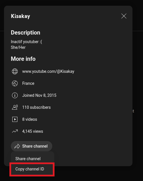 Process of copying the content creator's ID on YouTube
