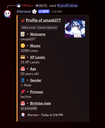 Profile card listing a member's nickname, money, level, age, gender, pronoun and birthday.