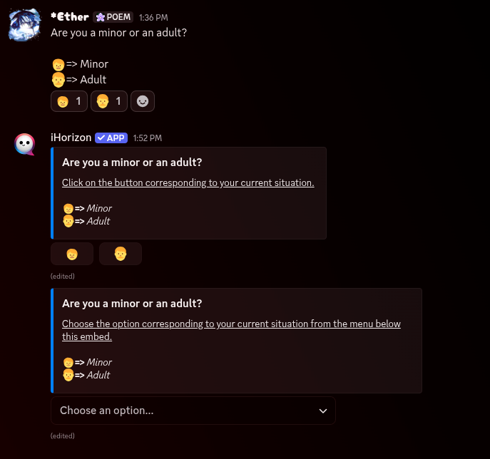 The same question with emoji reactions, then buttons, then a select menu.