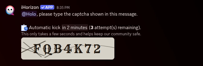Captcha message showing the distorted code a new member has to type back.