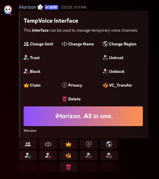 TempVoice control panel listing the actions available on a temporary voice channel.