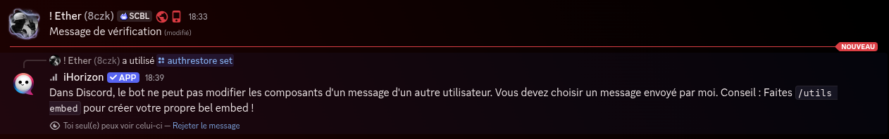 Message du bot demandant de spécifier un ID d'un de ses messages et pas d'un autre utilisateur
