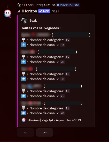 Output de la commande /backup list
