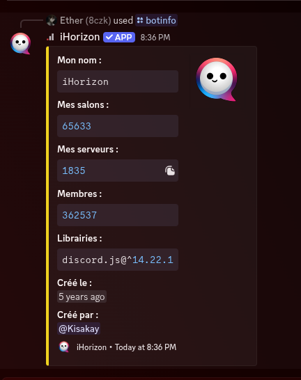 Embed de la commande botinfo montrant les différentes statistiques du bot