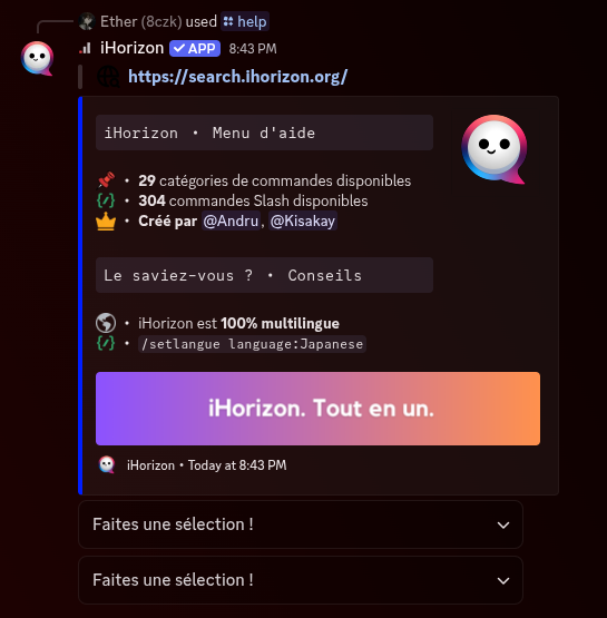 Page d'accueil de la commande /help