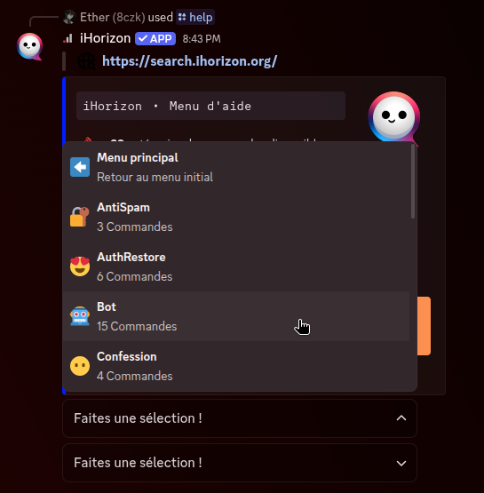 Menu déroulant présent sur la page d'aide de iHorizon