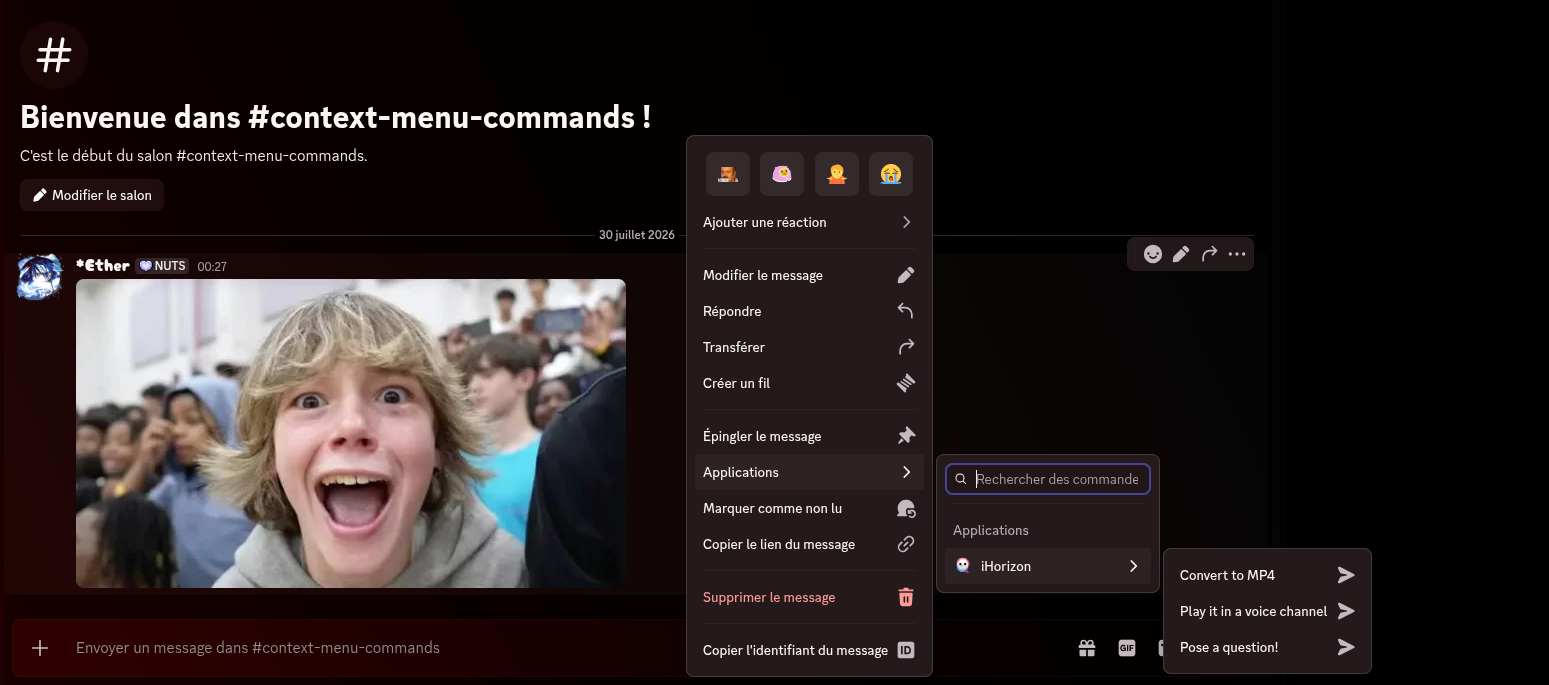 Le clic droit sur un message ouvre le sous-menu Applications avec les commandes de message iHorizon.