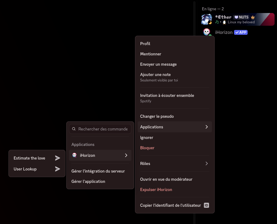 Le clic droit sur un utilisateur ouvre le sous-menu Applications avec les commandes d'utilisateur iHorizon.