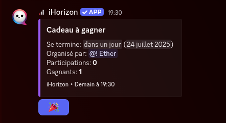 Embed de présentation du cadeau à gagner où les utilisateurs pourront participer en cliquant sur un bouton.