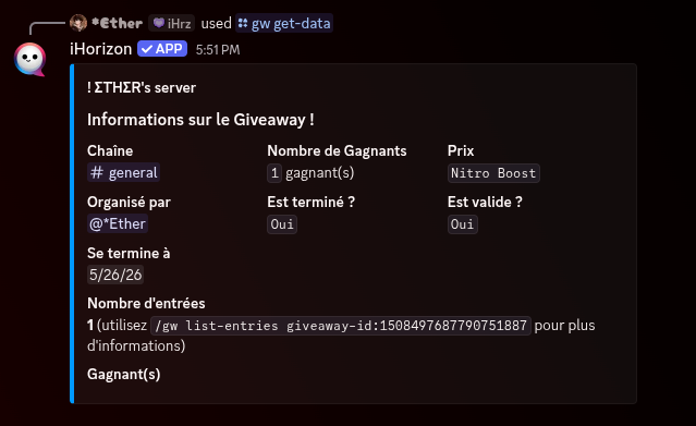 Embed de la commande get-data, montrant les différentes données liées à un concours/giveaway en particulier