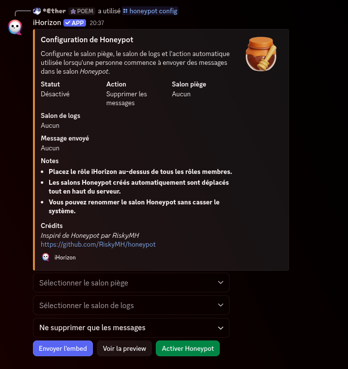 Panel de configuration du honeypot avec son embed de réglages, ses menus et ses boutons.
