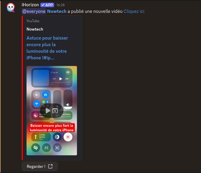 Example de vidéo YouTube envoyée dans un canal grâce à iHorizon Notifier