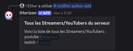 Output de la commande /notifier author list