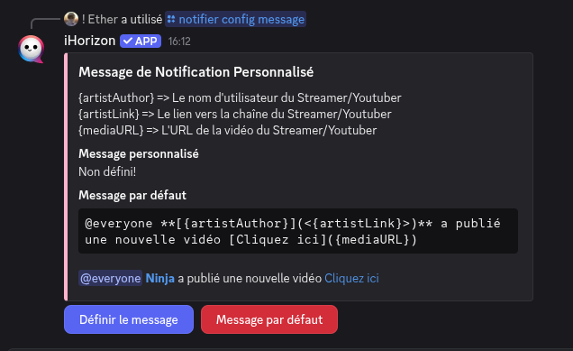 Configuration du message avec la commande /notifier config message