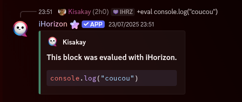 Example de code JavaScript utilisé dans la commande /eval
