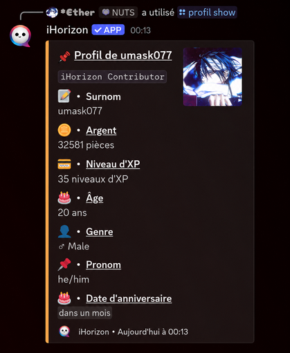 Carte de profil listant le surnom, l'argent, le niveau, l'âge, le genre, le pronom et l'anniversaire d'un membre.