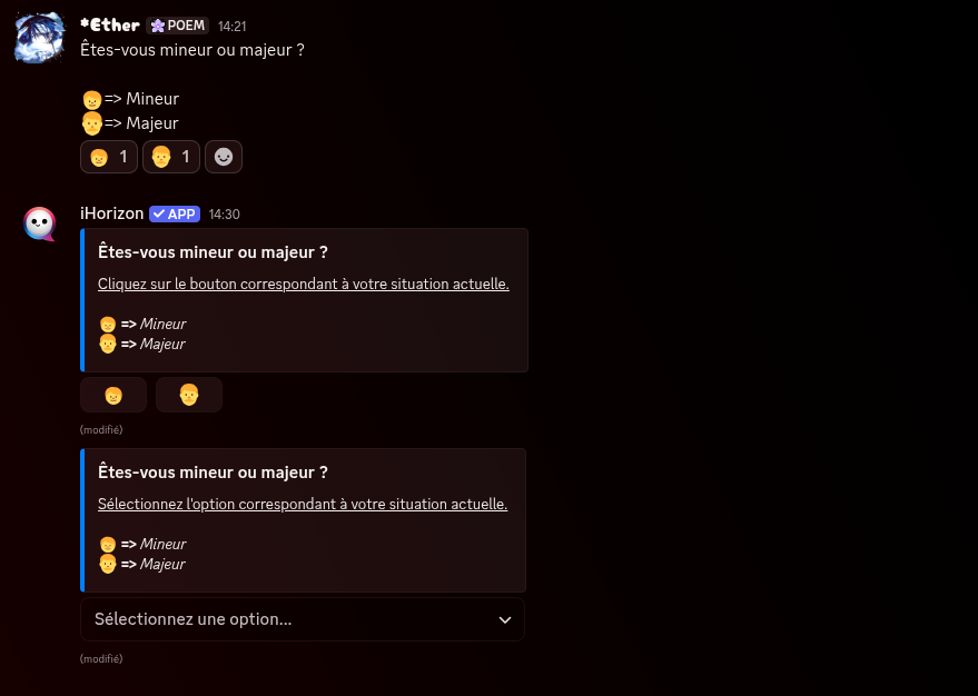 La même question avec des réactions emoji, puis des boutons, puis un menu déroulant.