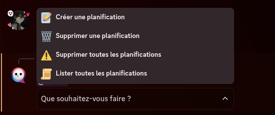 Le menu des rappels affiché par /schedule