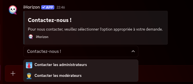 Panel de tickets au style menu déroulant, avec un menu ouvert sous l'embed.