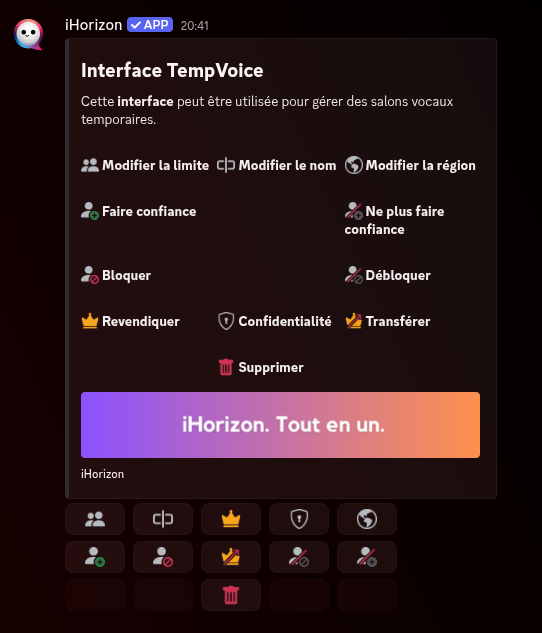 Panel de contrôle TempVoice listant les actions disponibles sur un salon vocal temporaire.